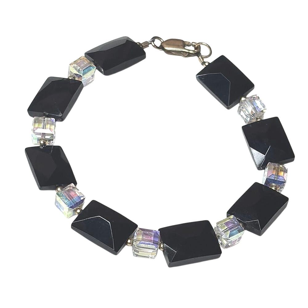 Black Faceted Bead Bracelet Aurora Borealis Crystal Cube Gold Tone Lobster Clasp